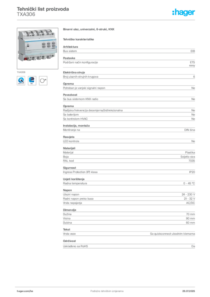 Slika Hager Product data sheet TXA306  | Hager