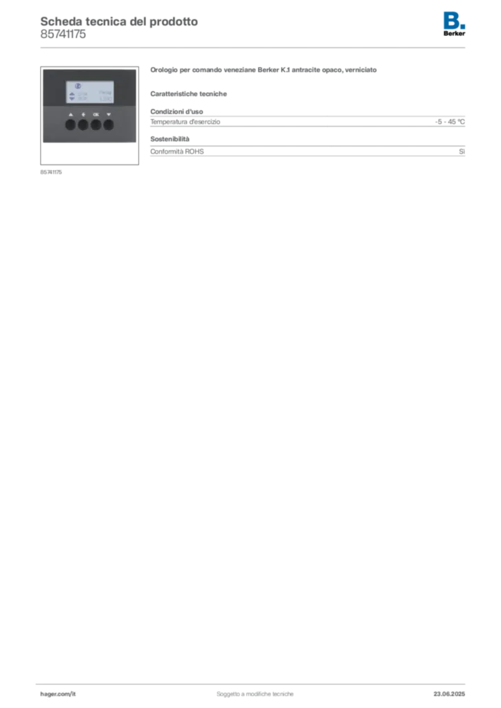 Immagine Berker Scheda tecnica del prodotto 85741175 | Hager Italia
