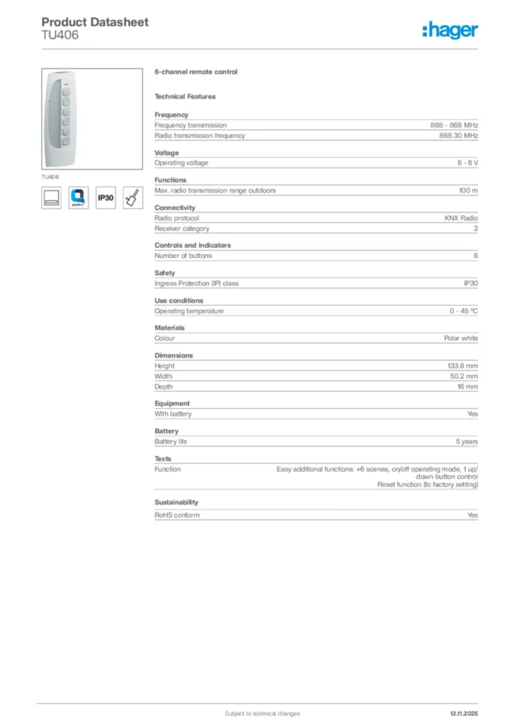 Image Hager Product data sheet TU406  | Hager Africa