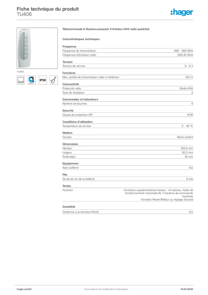 Image Hager Fiche technique du produit TU406 | Hager France