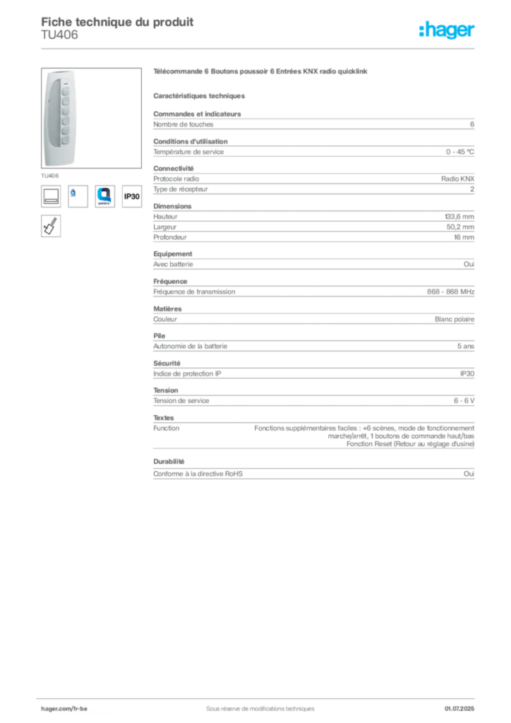 Image Hager Fiche technique du produit TU406 | Hager Belgique