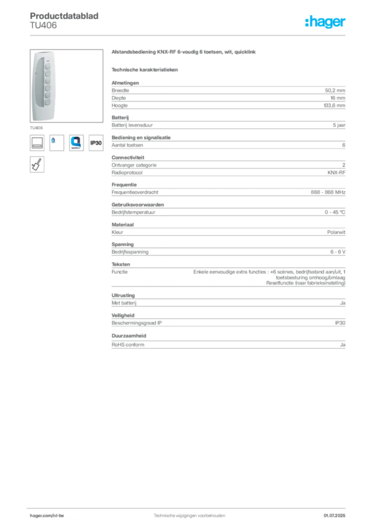 Afbeelding Hager Productdatablad TU406 | Hager Belgium