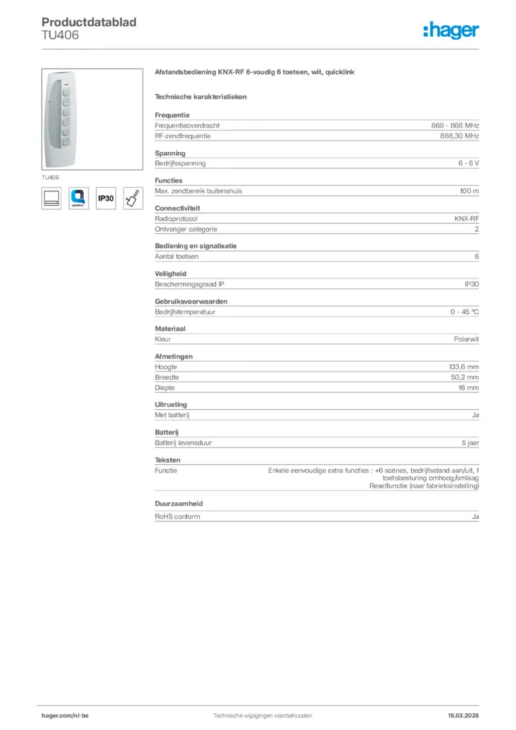 Afbeelding Hager Productdatablad TU406 | Hager Belgium