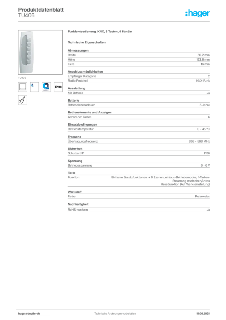 Bild Hager Produktdatenblatt TU406 | Hager Schweiz