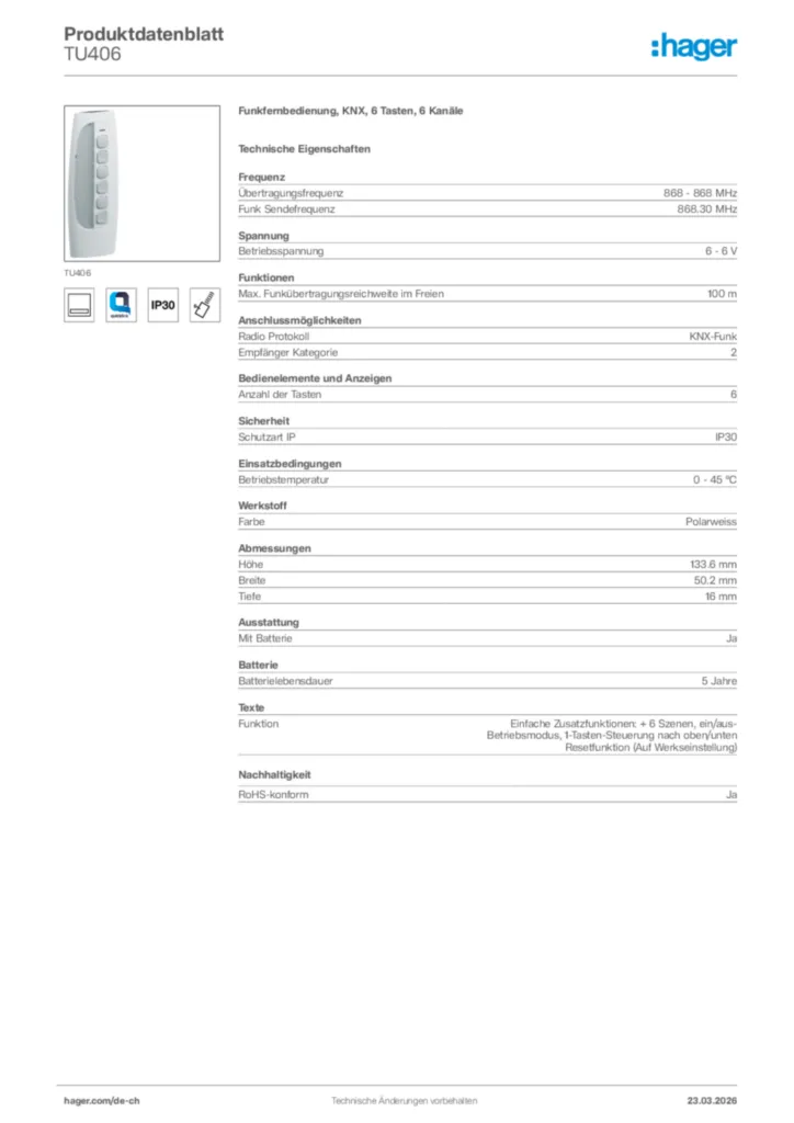 Bild Hager Produktdatenblatt TU406 | Hager Schweiz