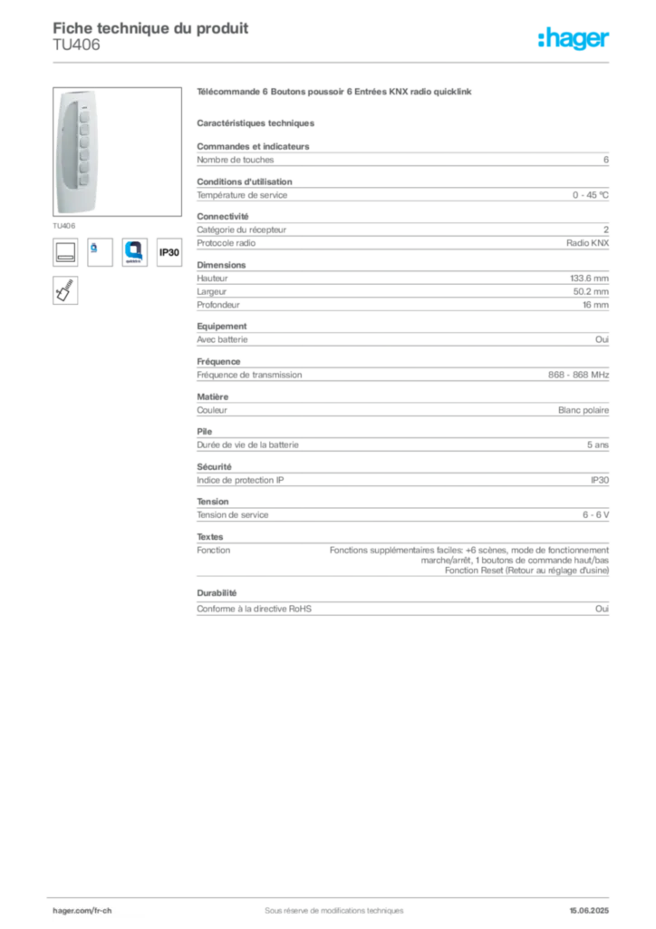 Image Hager Fiche technique du produit TU406 | Hager Suisse
