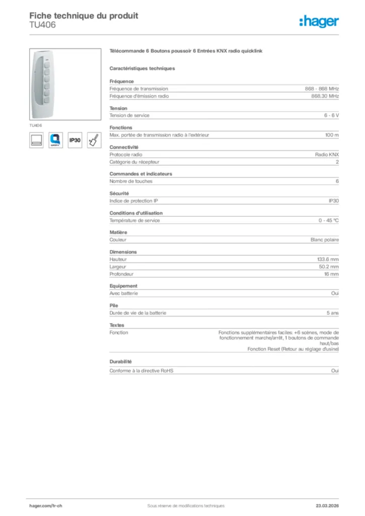 Image Hager Fiche technique du produit TU406 | Hager Suisse