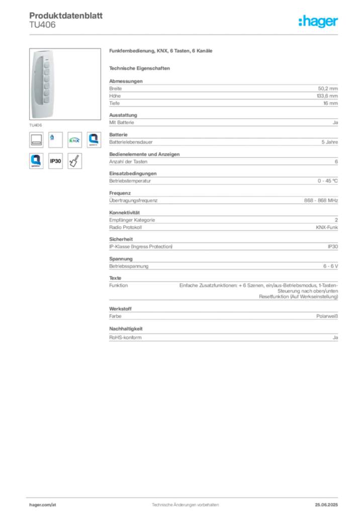 Bild Hager Produktdatenblatt TU406 | Hager Deutschland