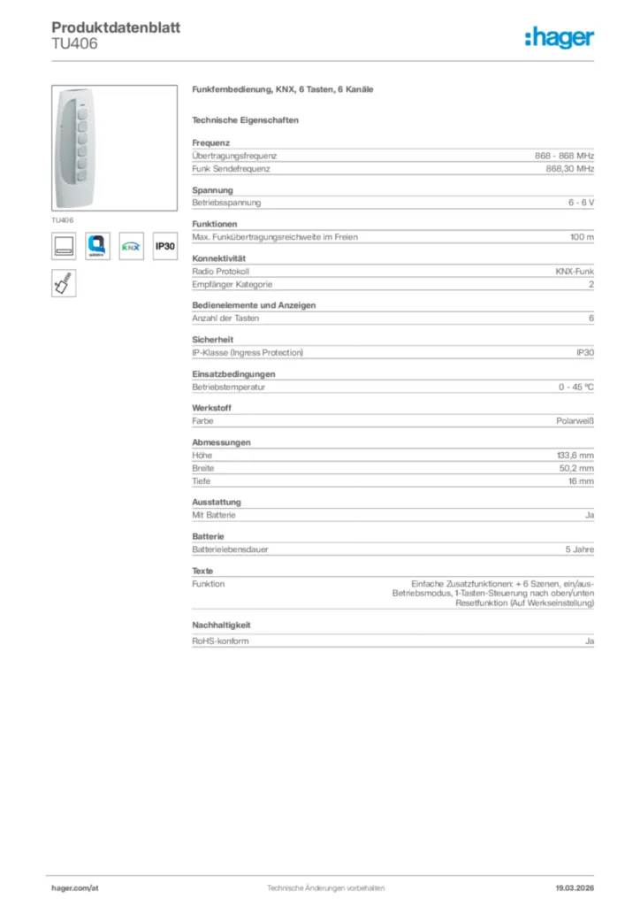 Bild Hager Produktdatenblatt TU406 | Hager Deutschland