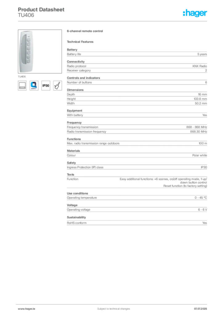 Image Hager Product data sheet TU406  | Hager