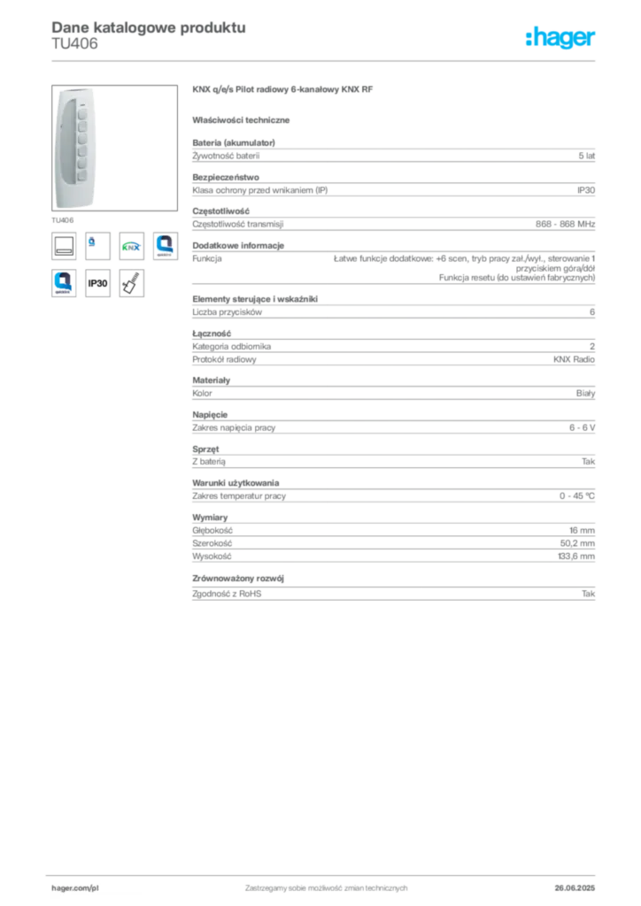 Zdjęcie Hager Dane katalogowe produktu TU406 | Hager Polska