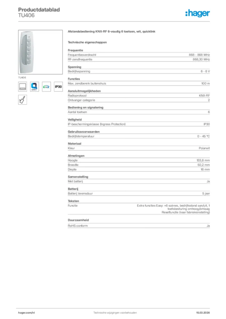 Afbeelding Hager Productdatablad TU406 | Hager Nederland