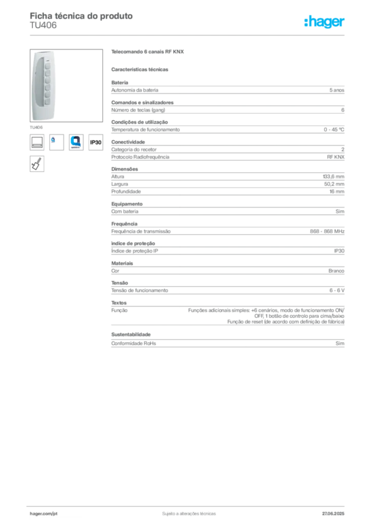 Imagem Hager Ficha técnica do produto TU406 | Hager Portugal
