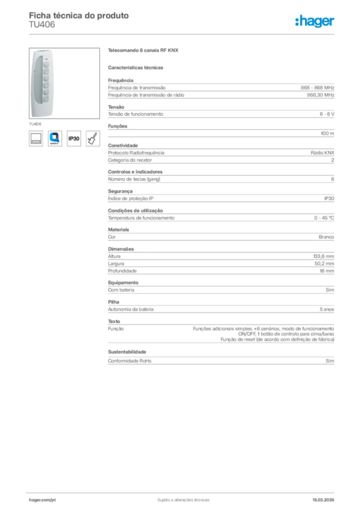 Imagem Hager Ficha técnica do produto TU406 | Hager Portugal