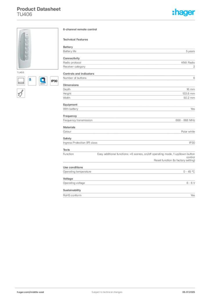 Image Hager Product data sheet TU406  | Hager