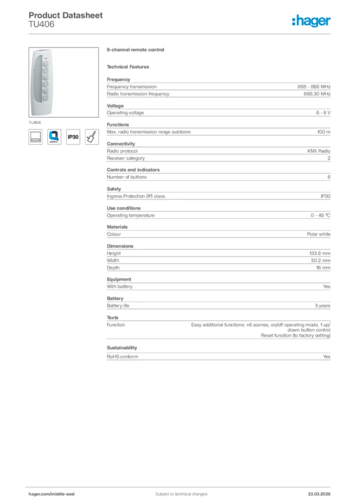 Image Hager Product data sheet TU406  | Hager