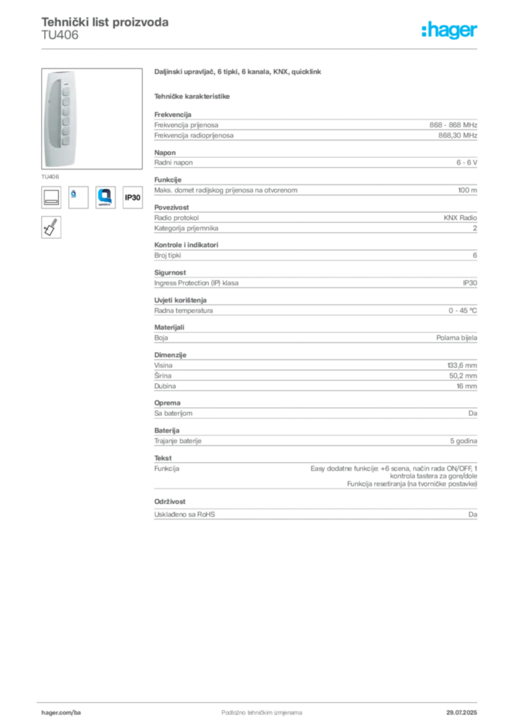 Slika Hager Product data sheet TU406  | Hager