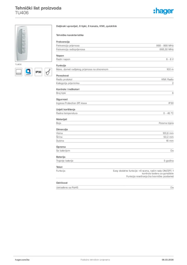 Slika Hager Tehnički list proizvoda TU406  | Hager
