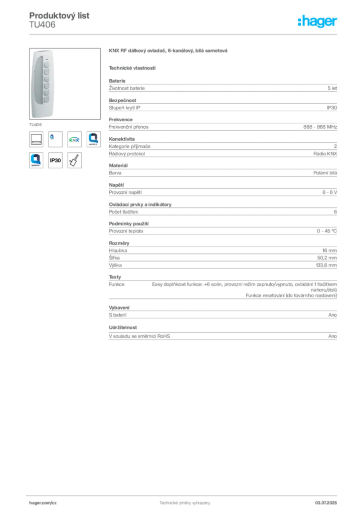 Obrázek Hager Produktový list TU406 | Hager
