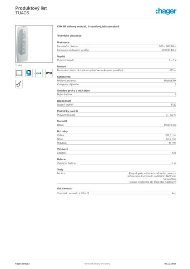Obrázek Hager Product data sheet TU406 | Hager