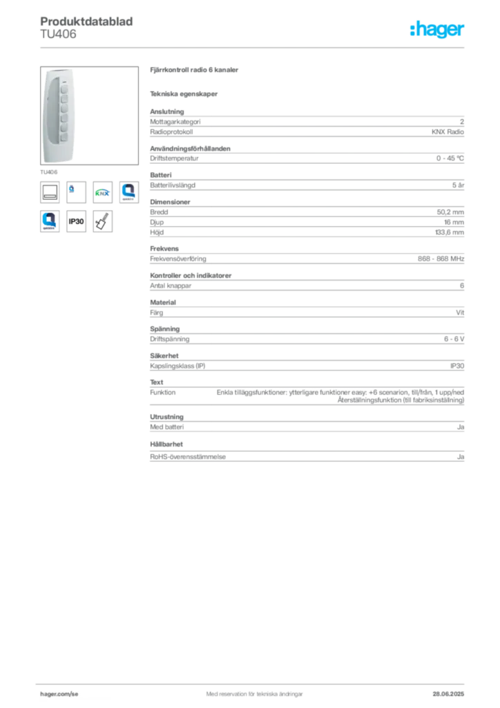 Bild Hager Produktdatablad TU406 | Hager Sverige