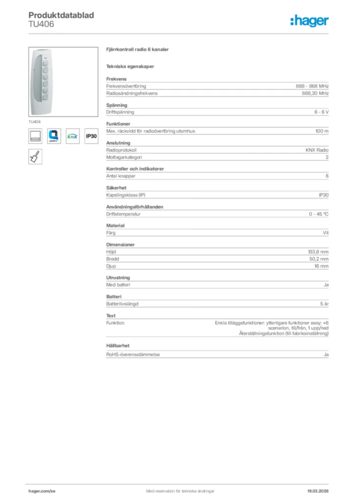 Bild Hager Produktdatablad TU406 | Hager Sverige