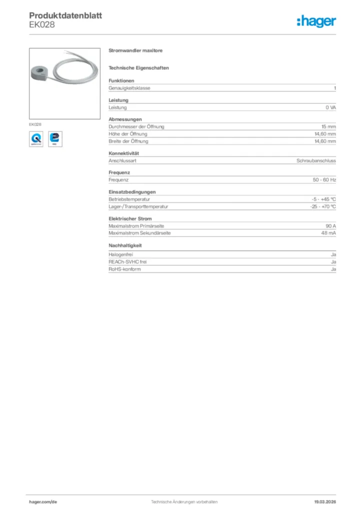 Bild Hager Produktdatenblatt EK028 | Hager Deutschland