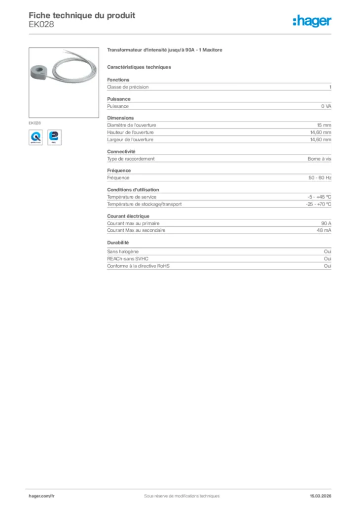 Image Hager Fiche technique du produit EK028 | Hager France