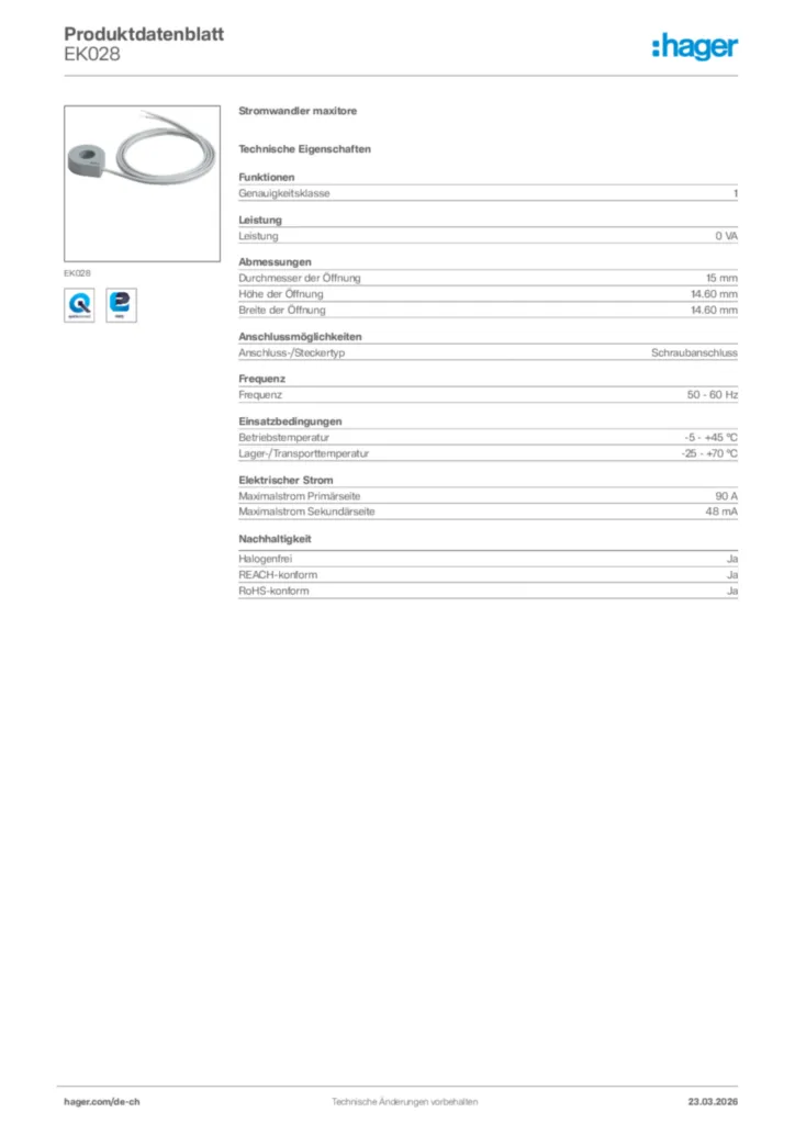 Bild Hager Produktdatenblatt EK028 | Hager Schweiz