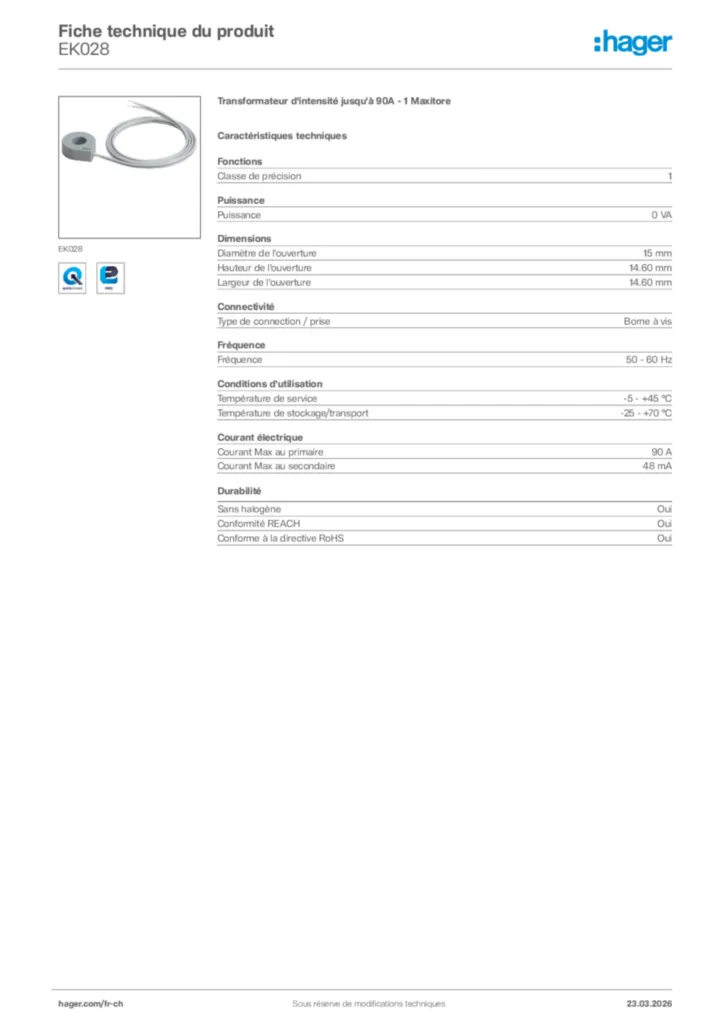 Image Hager Fiche technique du produit EK028 | Hager Suisse