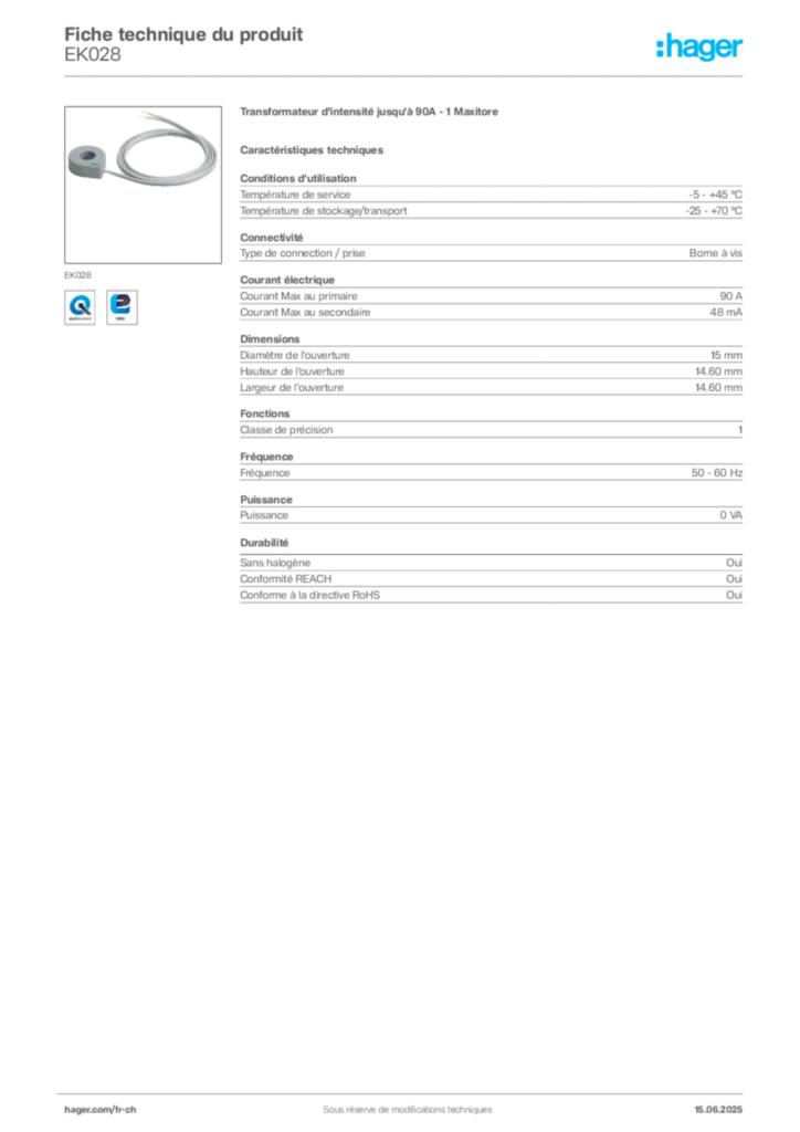 Image Hager Fiche technique du produit EK028 | Hager Suisse
