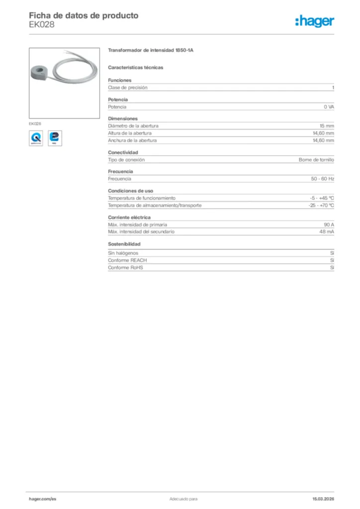 Imagen Hager Ficha de datos de producto EK028 | Hager España