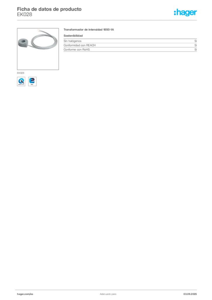 Imagen Hager Ficha de datos de producto EK028 | Hager España