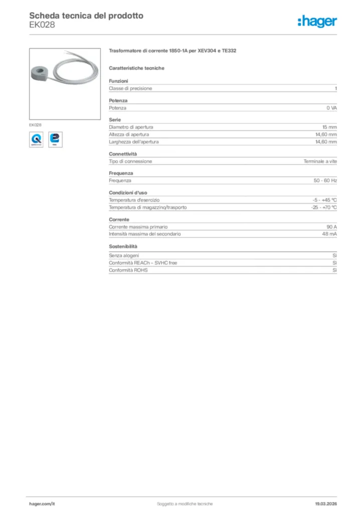 Immagine Hager Scheda tecnica del prodotto EK028 | Hager Italia