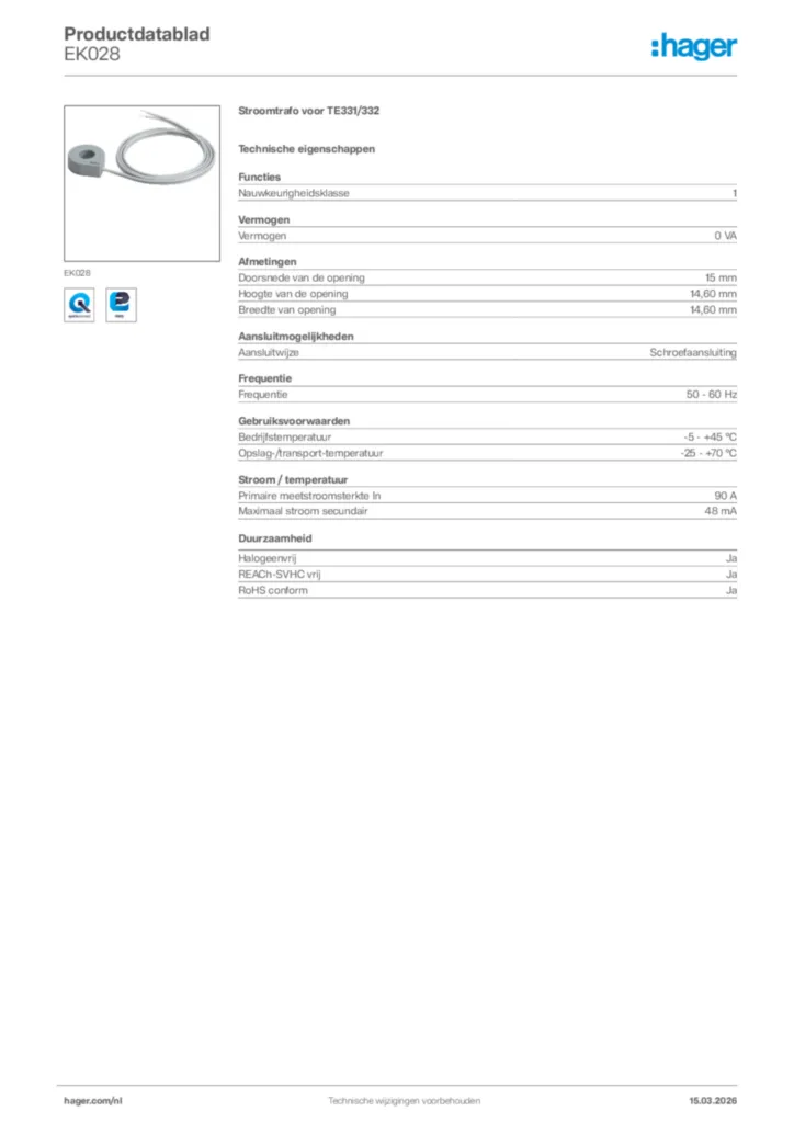 Afbeelding Hager Productdatablad EK028 | Hager Nederland