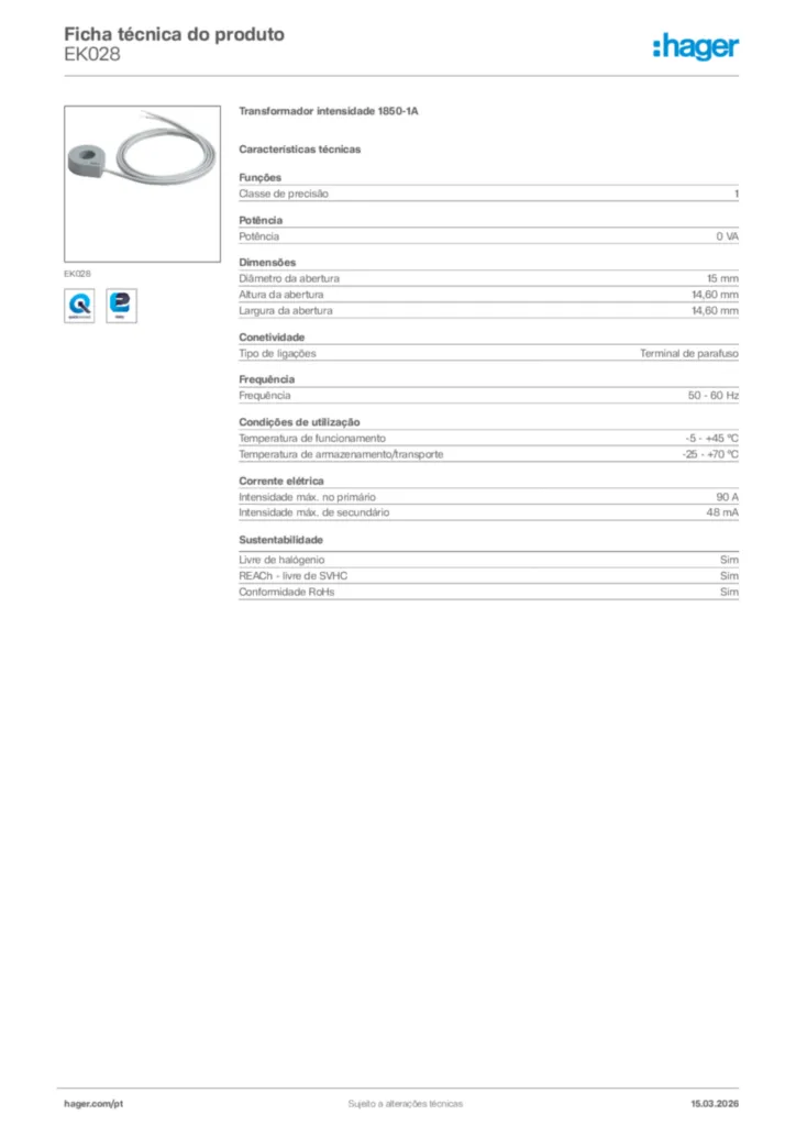Imagem Hager Ficha técnica do produto EK028 | Hager Portugal