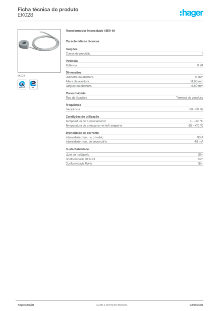 Imagem Hager Ficha técnica do produto EK028 | Hager Portugal