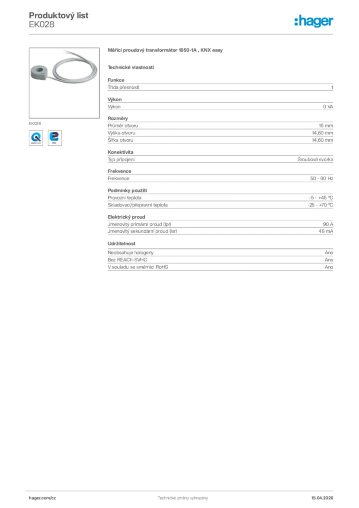 Obrázek Hager Product data sheet EK028 | Hager