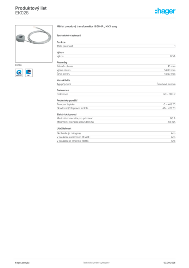 Obrázek Hager Produktový list EK028 | Hager