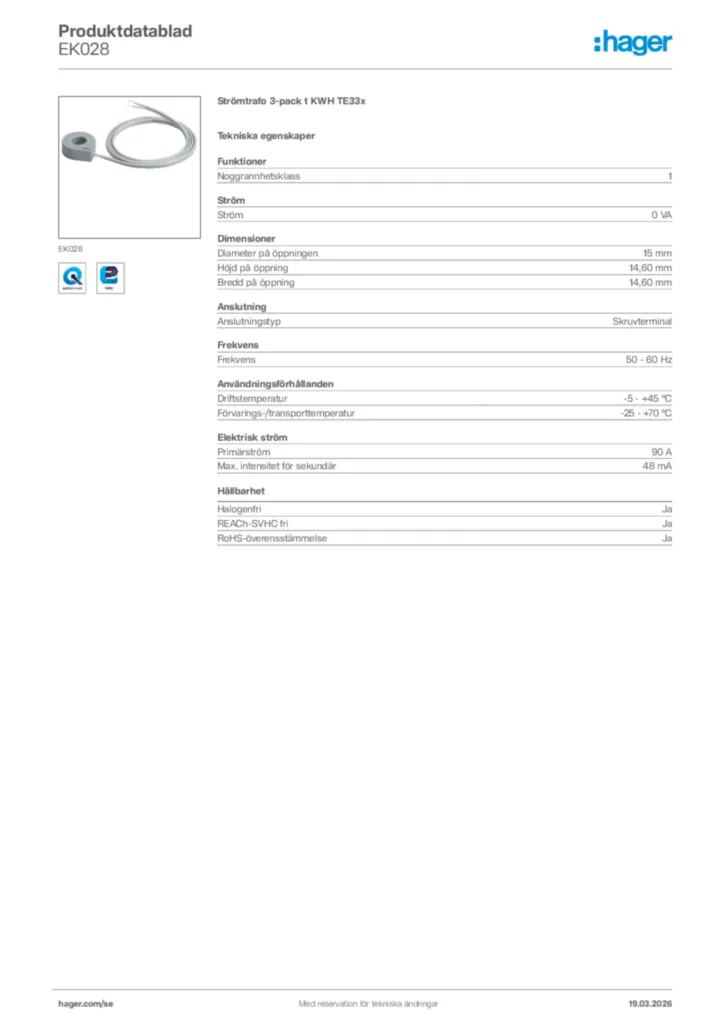 Bild Hager Produktdatablad EK028 | Hager Sverige
