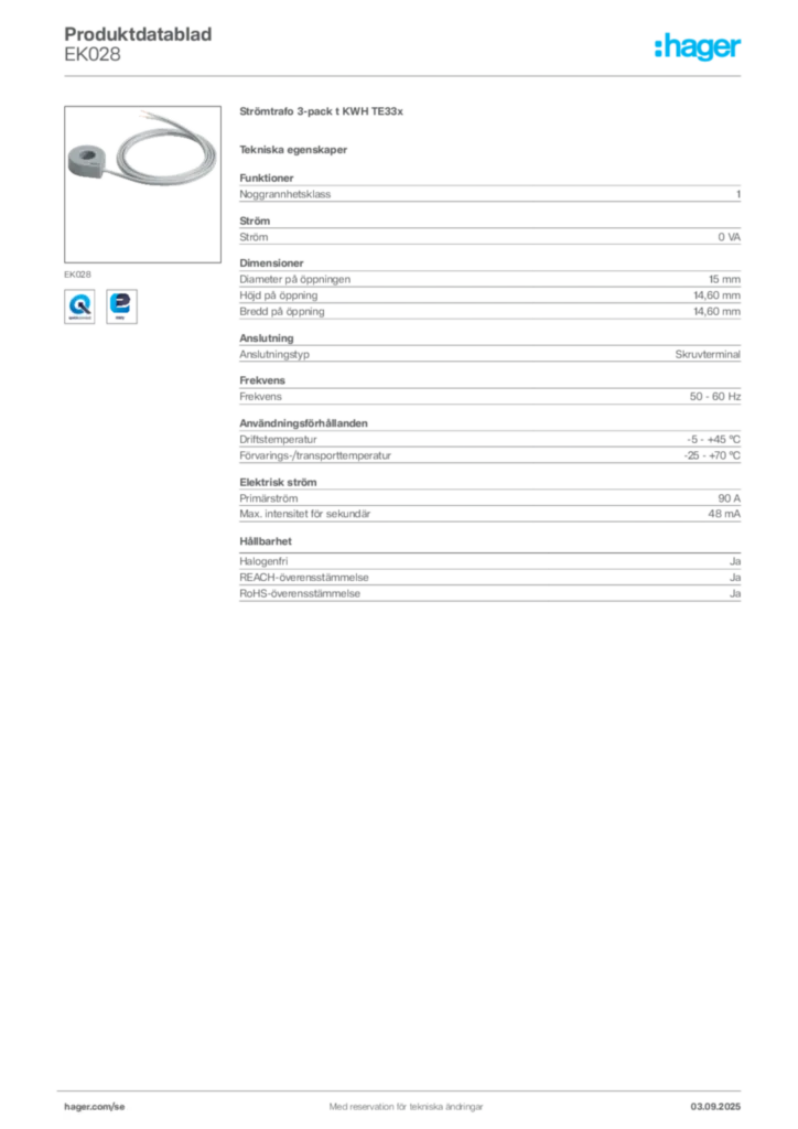 Bild Hager Produktdatablad EK028 | Hager Sverige