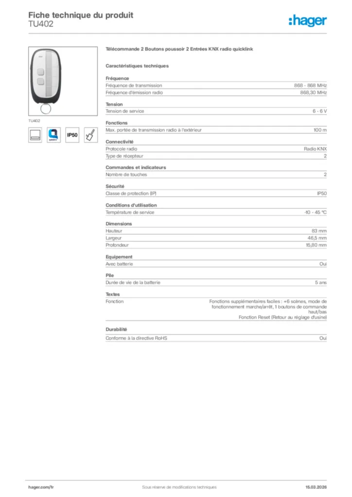 Image Hager Fiche technique du produit TU402 | Hager France