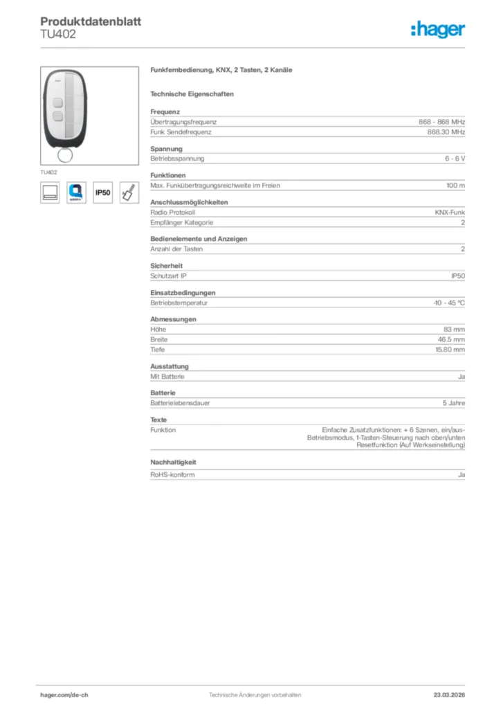 Bild Hager Produktdatenblatt TU402 | Hager Schweiz