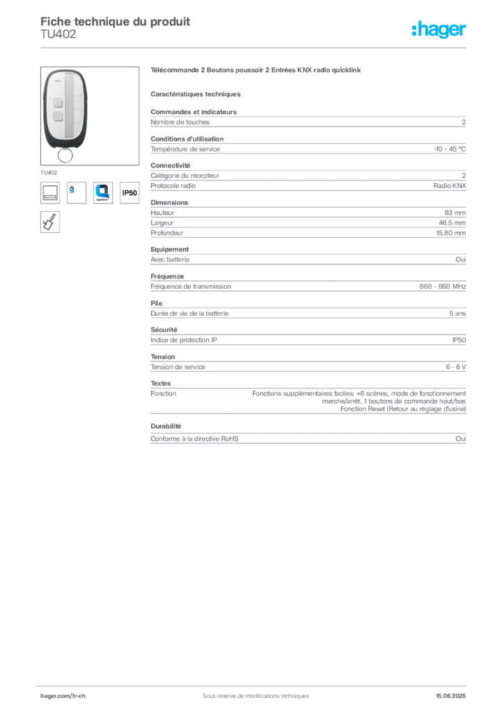 Image Hager Fiche technique du produit TU402 | Hager Suisse