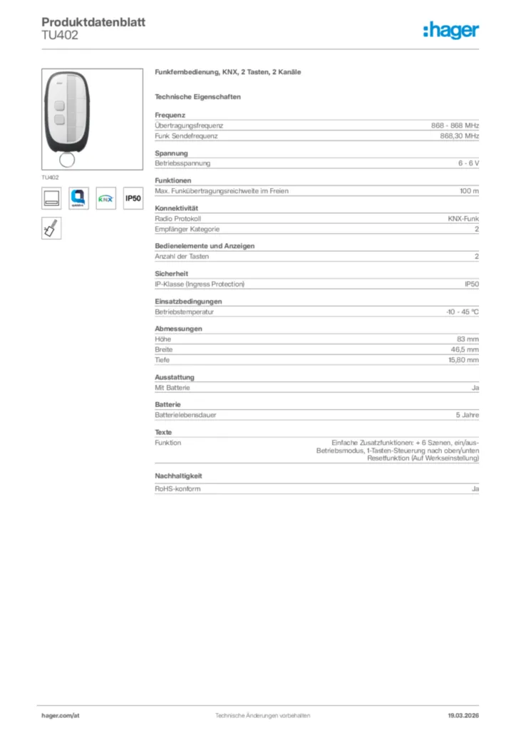 Bild Hager Produktdatenblatt TU402 | Hager Deutschland
