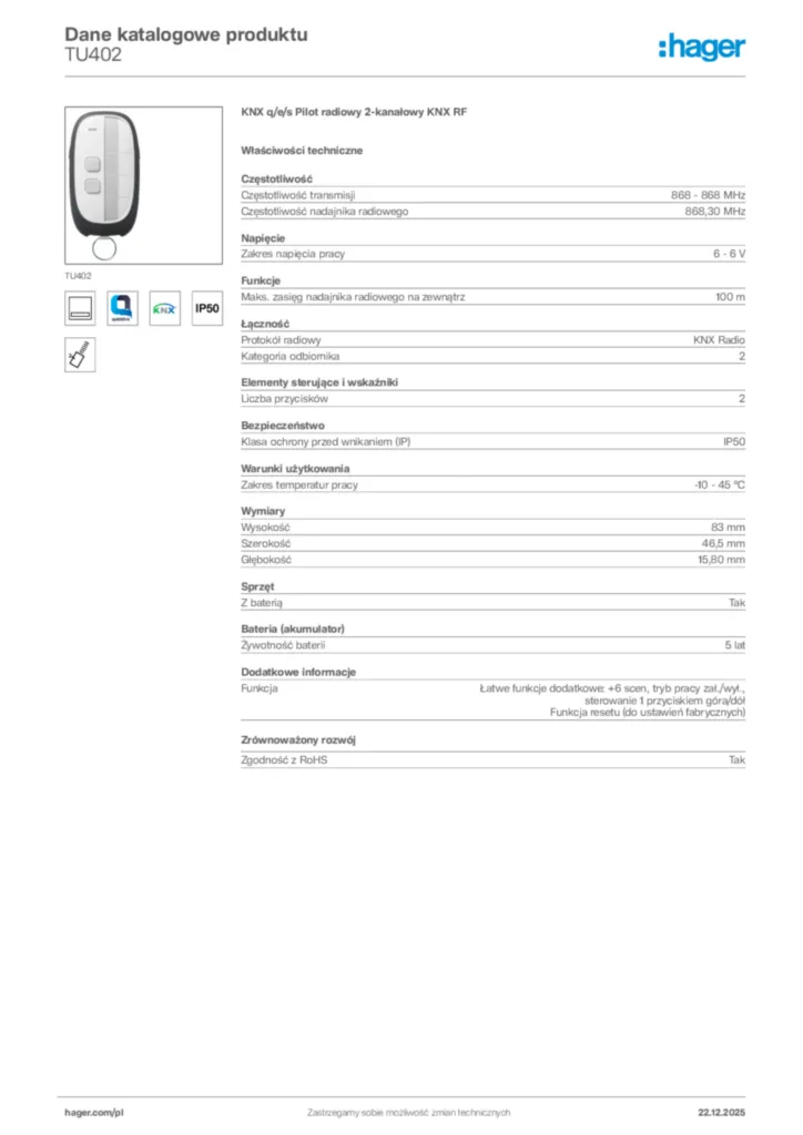 Zdjęcie Hager Dane katalogowe produktu TU402 | Hager Polska