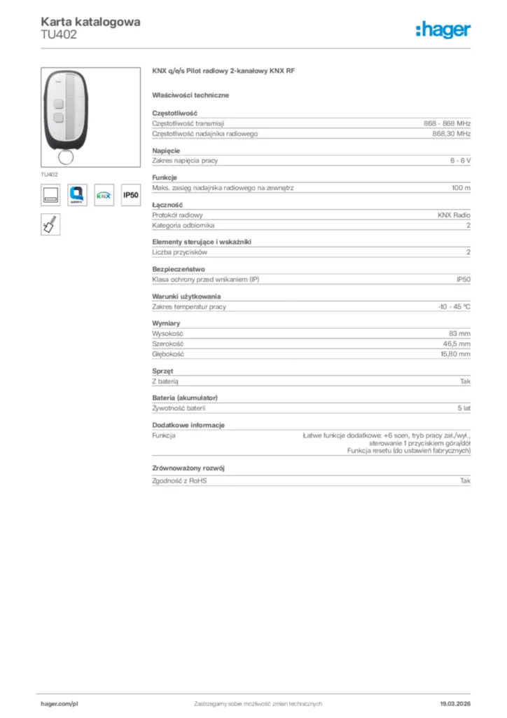 Zdjęcie Hager Karta katalogowa TU402 | Hager Polska