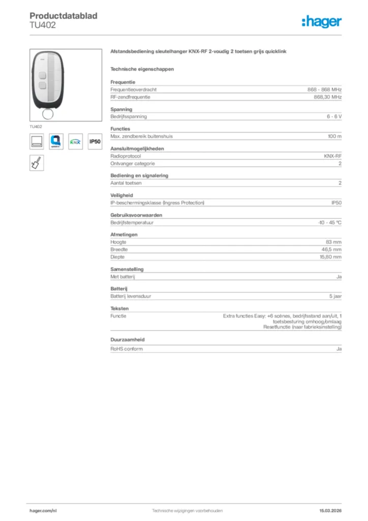 Afbeelding Hager Productdatablad TU402 | Hager Nederland