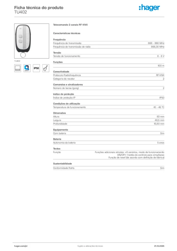 Imagem Hager Ficha técnica do produto TU402 | Hager Portugal