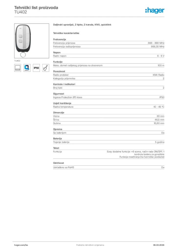 Slika Hager Tehnički list proizvoda TU402  | Hager